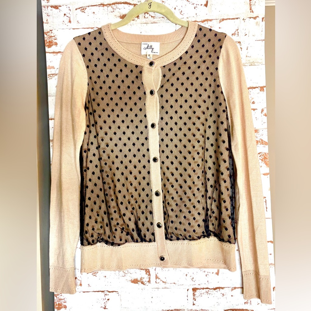 Milly of New York Beige and Black Polka Dot Cardigan Size S
